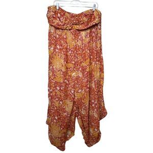 Anthropologoie Jumpsuit Women 1X Orange Harem Tropical Floral Birds Beach Cruise